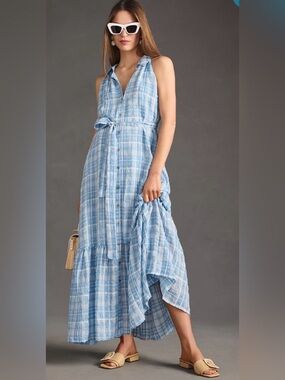 Anthropologie Light Blue Plaid Sleeveless Button-Front Maxi Dress